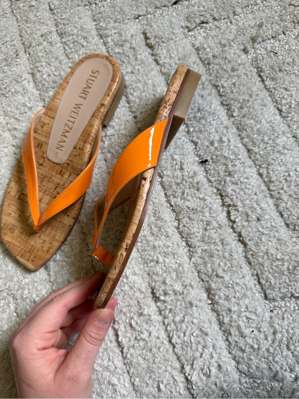 Stuart Weitzman Orange Patent Cork Flip Flops - Picture 4 of 8